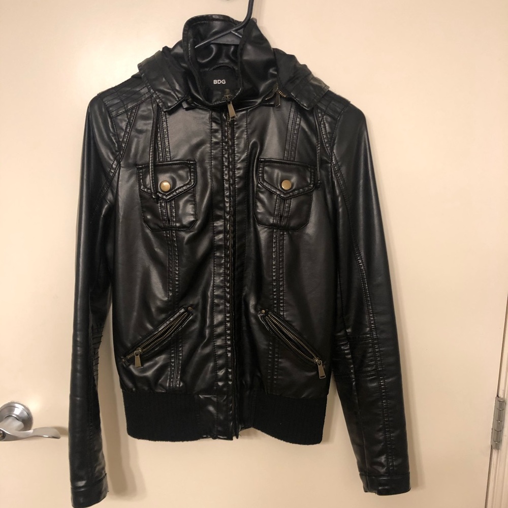 Faux leather jacket with detachable hood